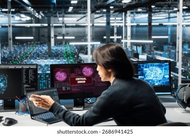 Data center software developer struggling to fix malfunctions while using AI tools. Server farm IT expert receiving critical error while using artificial intelligence to optimize system health