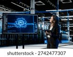 Data center software developer using AI large language model to do cloud computing, VFX compositing overlay. Server room IT professional using deep learning, blue virtual graphics
