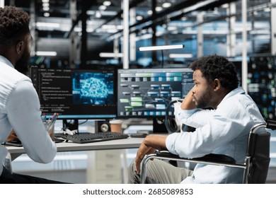 Data center supervisor and programmer with paraplegia using artificial intelligence computerized model. Server room manager and IT expert with disability using machine learning AI algorithms