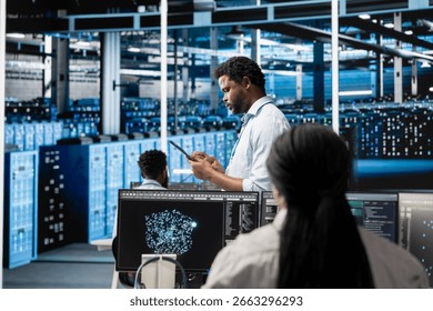 Data center system administrator deploys AI visualization tool to forecast infrastructure demands and optimize resource allocation. Server hub IT expert uses artificial intelligence for maintenance