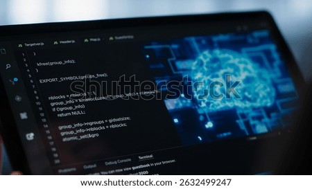 Data center technician using artificial intelligence on tablet to prevent vulnerabilities. Employee using device to review firewall rules, enforcing AI cybersecurity protocols, camera A close up