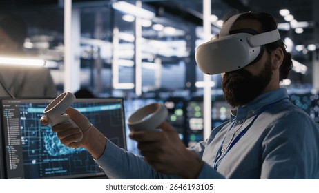 Data center technician using VR headset to monitor neural network AI LLM visualization. Server room worker using virtual reality tech to oversee rigs powering machine learning processes, camera A - Powered by Shutterstock - Get 15% off with code: PIKWIZARD15