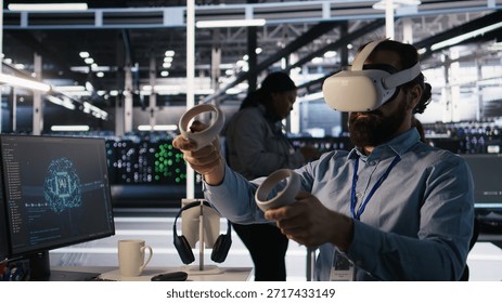 Data center technician using VR headset to monitor neural network AI LLM visualization. Server room worker using virtual reality tech to oversee rigs powering machine learning processes, camera A