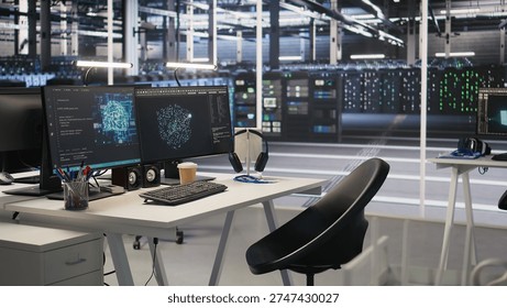 Data center workstation equipped with machine learning software visualizing deep learning models. High performance computers in server room running artificial intelligence code
