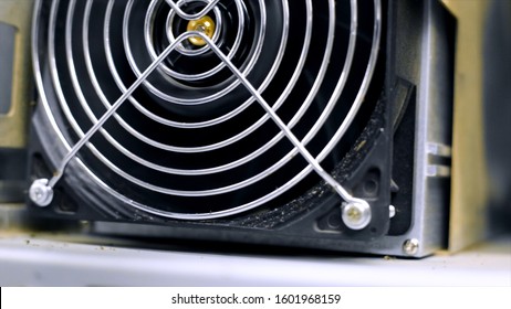 Data Centers With Fans. Stock Footage. Close-up Of Fan Unit Hardware For Supply Of Data Centre. Power Supplies For Small Data Center