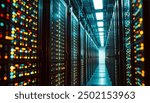 Data centers filled with rows and rows of servers as blinking light indicate constant processing, high detail, cinematic angle composition