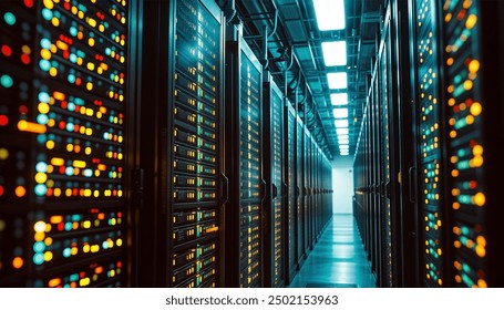 Data centers filled with rows and rows of servers as blinking light indicate constant processing, high detail, cinematic angle composition