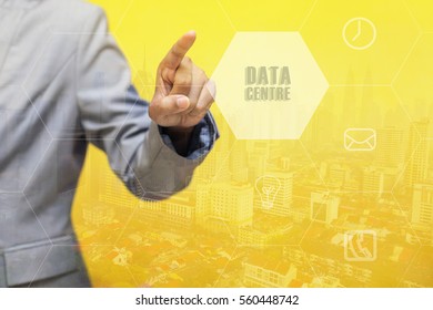 DATA CENTRE word on touchscreen with futuristic concept