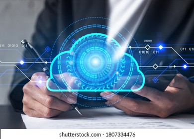 Data cloud drawing and a woman signing contract use phone. Double exposure. - Shutterstock ID 1807334476