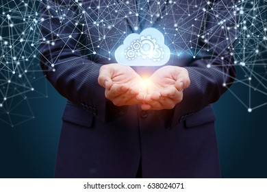 Data cloud in the hands of the businessman on the background network.
