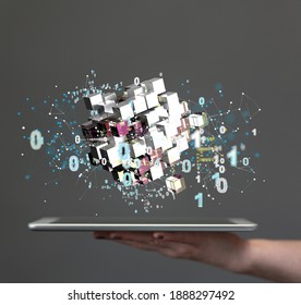 Data cloud storage network from lines, triangles and particle style design. 3d