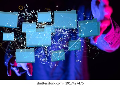 Data cloud storage network from lines, triangles and particle style design.