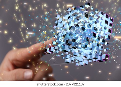Data cloud storage network from lines, triangles and particle style design. 