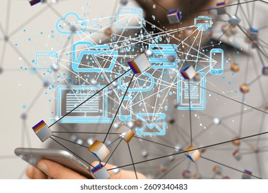 Data cloud storage network from lines, triangles and particle style design. 