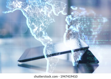 Data and communication network concept with lined world map and machine coding on virtual screen and digital tablet on background. Double exposure