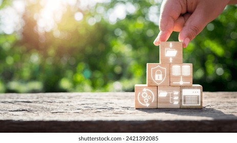 Data compression concept, Man hand holding wooden block with data compression icon on virtual screen. Archive, Data Storage, Security, Algorithm, Binary Code, Technology, Redundancy, Encoding.