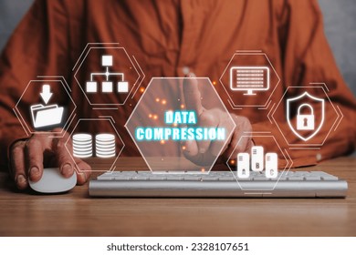 Data compression concept, Person typing on keyboard computer and hand touching data compression icon on virtual screen.