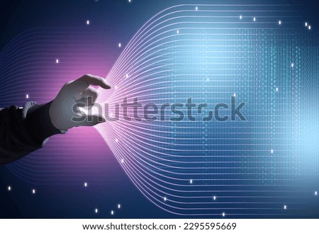 Data concentration and systematization concept, hand and virtual funnel