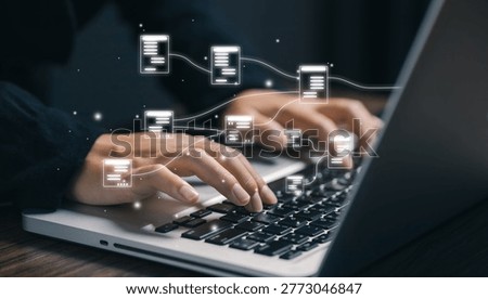 Data connection concept with laptop and linked digital documents, information flow, database integration, cloud computing, and modern data management system for business technology.