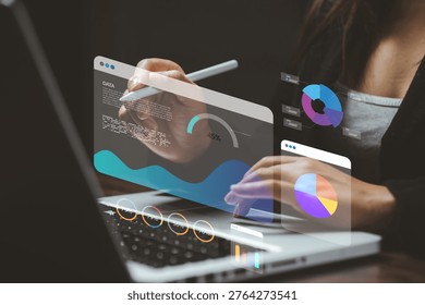 Data dashboard analytics interface with charts and graphs, business intelligence, performance metrics, data visualization and decision making concept.