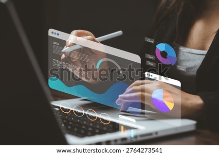 Data dashboard analytics interface with charts and graphs, business intelligence, performance metrics, data visualization and decision making concept.