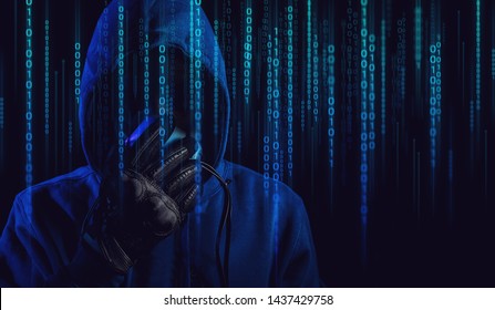 data deep learning, internet hacker with blue hood outfit and mask with glove on dark background in security virus network and ai hologram robotic concept, futuristic sever online