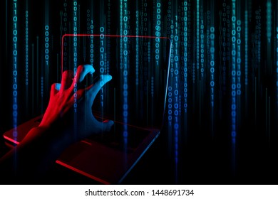 data deep learning, robotic system, dark hand computer notebook in hacker attack security network concept with hologram web digital