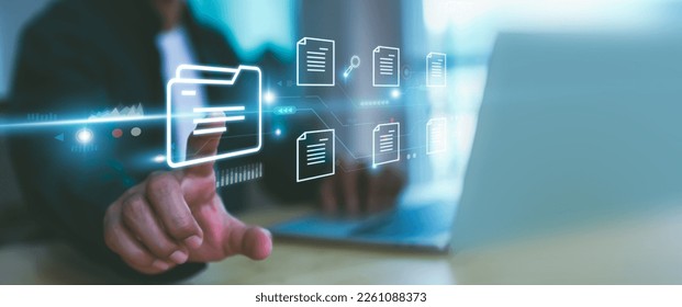 Data document content management system search and online file transfer download or doc sharing and database digital cloud drive storage service on computer network technology analytics concepts - Shutterstock ID 2261088373