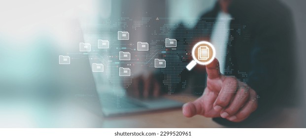 Data document content management system search and online file transfer download or doc sharing and database digital cloud drive storage service on computer network technology analytics concepts