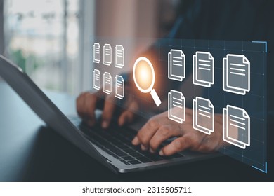 Data document content management system search and online file transfer download or doc sharing and database digital cloud drive storage service on computer network technology analytics concepts