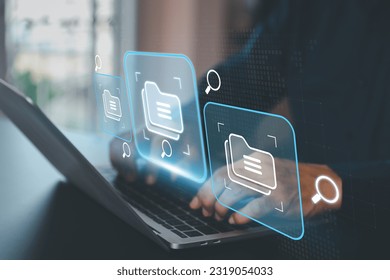 Data document content management system search and online file transfer download or doc sharing and database digital cloud drive storage service on computer network technology analytics concepts