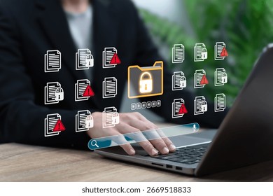Data Document Protection System Concept, Businesswomen Search for documents and scan, Secure Information Storage and Cybersecurity Measures for Safe Business Operations, Confidential File Management