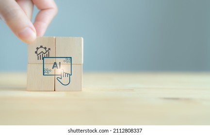 Data Driven AI Concept. For Making Decision Faster And Better. AI Driven Analytic To Increase Business Performance And Growth. Hand Puts The Wooden Cubes With Data Driven AI Symbol On Grey Background.