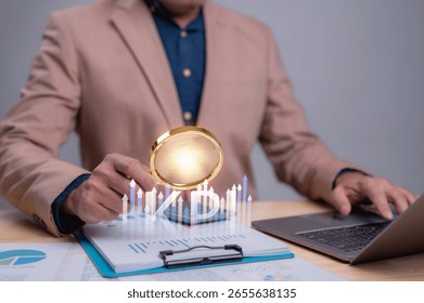 Data Driven Analysis Person Using Magnifying Glass KPI Chart ROI Projection, Wooden Desk Laptop, Key Insights Business Strategy