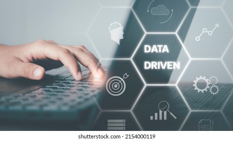Data driven marketing concept. Data collection icons with Big data analytic message. Marketing technology. Working on computer cubes with data driven. Creative digital development agency. - Shutterstock ID 2154000119