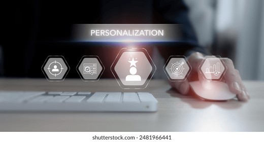 Data driven personalization concept. Big data and advanced analytics, analyzing behavior, preferences and demographics providing targeted and personalized offering. Create personalized recommendations