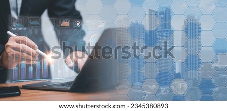 Data drives business benchmarking in a virtual world, with digital background icon abstract technology in an office, a man using a hand on computer, concept cloud.