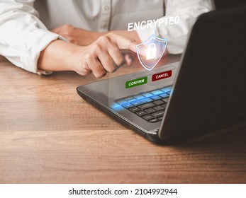 Data encryption online cyber security privacy concept. Padlock icon and internet technology networking. A laptop screen is encrypted to protect data personal on the network. Password protected