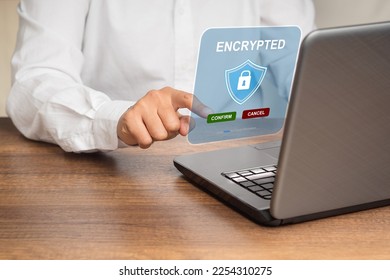 Data encryption online cyber security privacy concept. Padlock icon and internet technology networking. A laptop screen is encrypted to protect data personal on the network system. Password protected