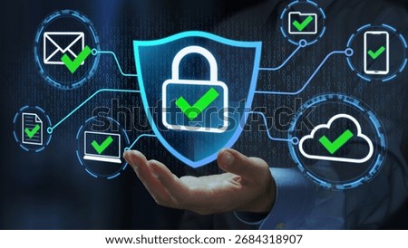 Data encryption and secure communication protocol. Network and data security management. Businessperson holding shield with padlock icon.
