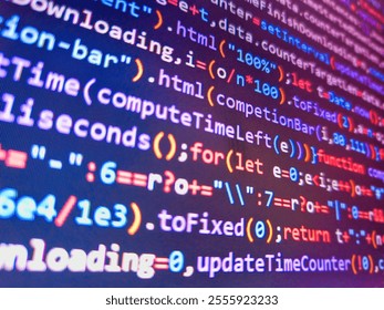 Data encryption security code on a computer display. Developer display with source code. Datacenter backup. Abstract background for search job. Stock market trading graph analysis investment.