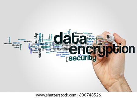 Data encryption word cloud concept on grey background.