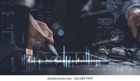 Data engineering with AI, digital technology, software development. Computer programmer working with digital tablet with big data management and internet global network, data analytics