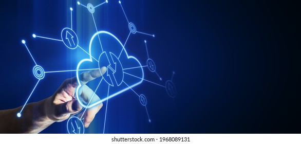 Data Exchange And Cloud Service Concept With Man Finger On Digital Touch Screen With Glowing Virtual Cloud Sign And Arrows In Circles On Dark Background With Copyspace. Mock Up