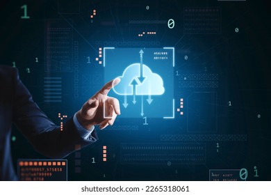Data exchange and cloud service concept with businessman finger on digital touch screen with glowing cloud symbol and arrows in virtual frame on dark technological background