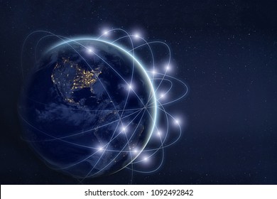 Data Exchange And Communication Technology  Concept, Global Business Network Over The Earth, World Web Satellite Connections, Planet Image Furnished By NASA