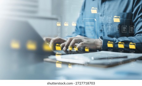 Data export and privacy request concept showing document files and folders being downloaded from an account system, representing personal data access, archive creation, and secure management.