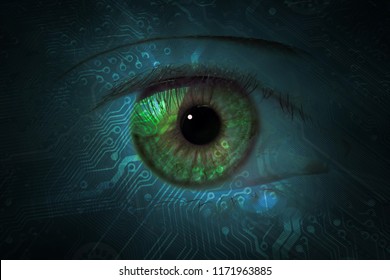 data eye with technical background. one eye glows on a circuit board pattern as a futuristic high technology concept.