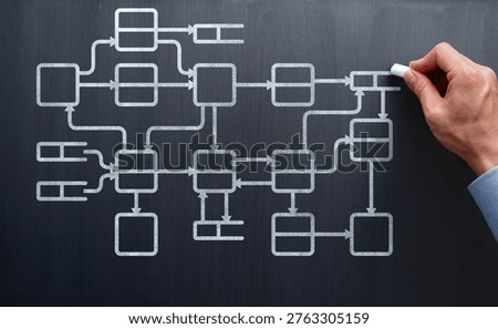 Data flow analysis. System engineer drawing diagram on blackboard. Efficient data processing and stream design.