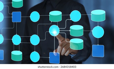 Data flow diagram. Developer analyzing and optimizing data processing system. Man processing data using the program.